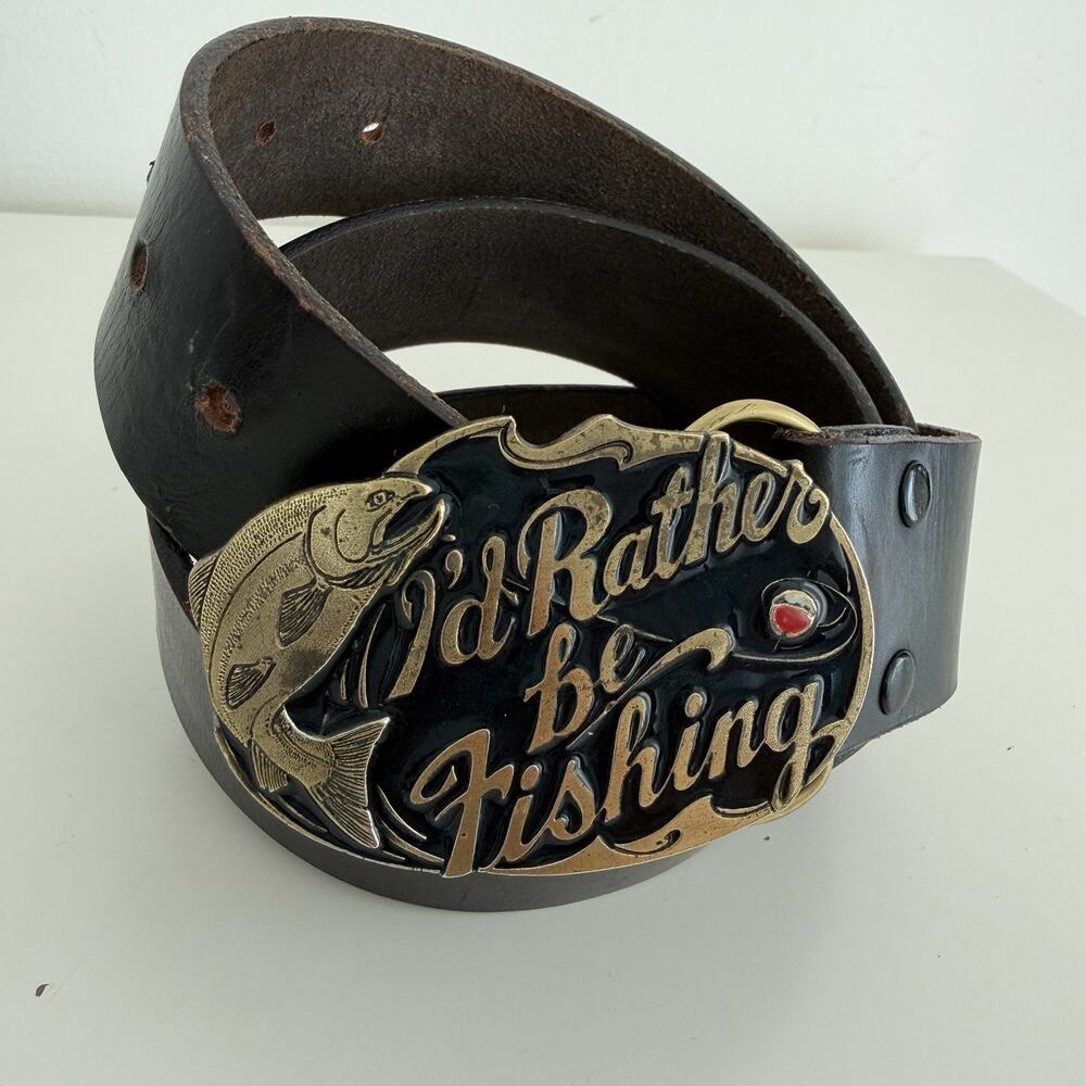 VIntage I‘d Rather Be Fishing Belt Buckle 523 Made in USA Harness leather‎ 36”